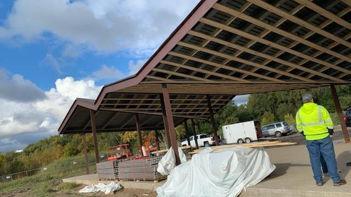 Built weathering-steel Lilydale picnic shelter with its distinctive zigzag roofline in Saint Paul