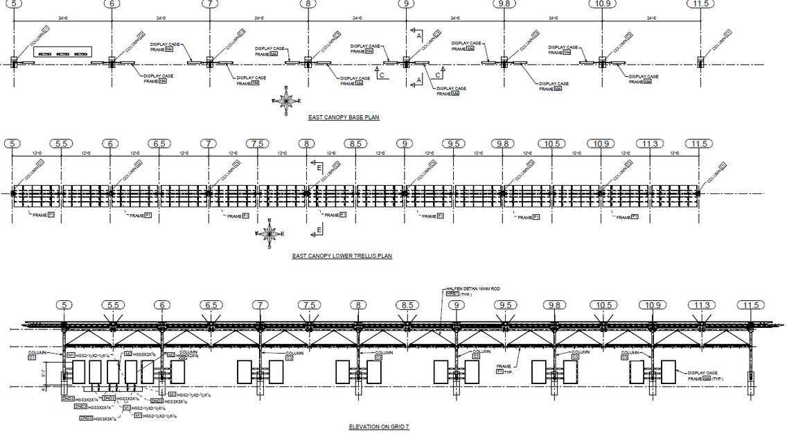 Steel shop-drawing elevation of the Scholars Walk canopy with dimensions and member callouts