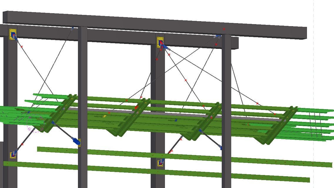 Tekla Structures 3D model of the Scholars Walk canopy framing, members color-coded by class